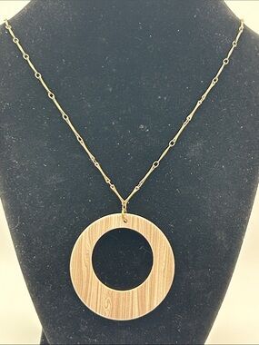 Gold-Tone Pendant Necklace with Light Wood-Effect Circle